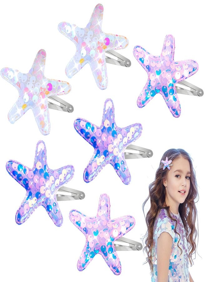 Amabro 6 Pcs Starfish Hair Clips, Glitter Sea Star Hair Barrettes Starfish Hair Accessories Sequins Snap Hair Clip Beach Sea Star Hairpins for Women Girls(Pink, Purple, White) - Image 1